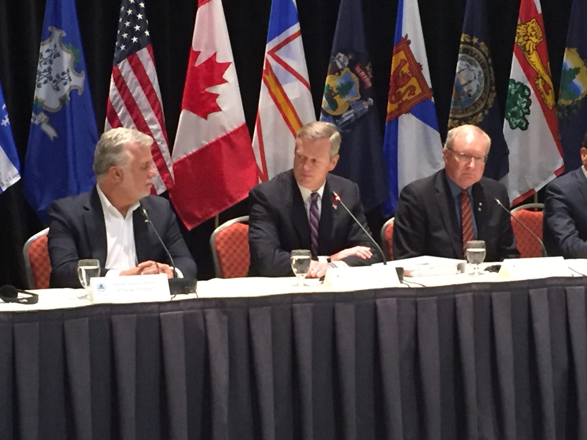 Gov. Charlie Baker, center, with Quebec Premier Philippe Couillard on the left and Prince Edward Island Premier Wade MacLauchlan on the right.