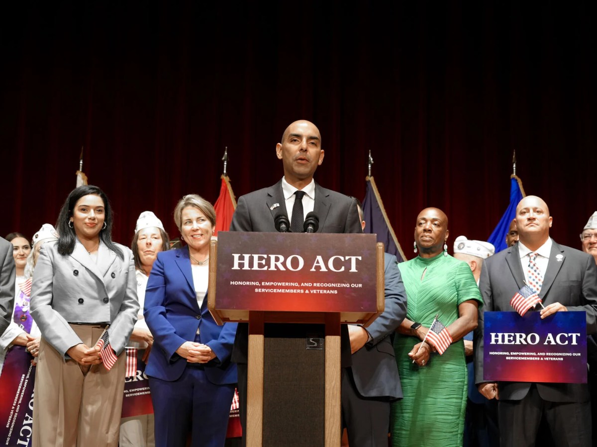 Veterans' Services Secretary Jon Santiago speaks in Lexington at a bill-signing ceremony for the HERO Act on Thursday, Aug. 8, 2024.